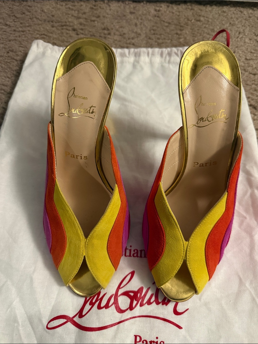 Christian Louboutin Multicolor Suede Peep-Toe Mules